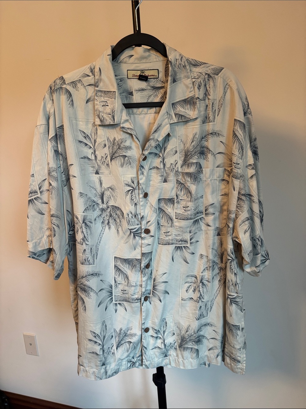 Tommy Bahama Light Blue and Navy Palm-Print Camp Shirt - Relaxed Fit